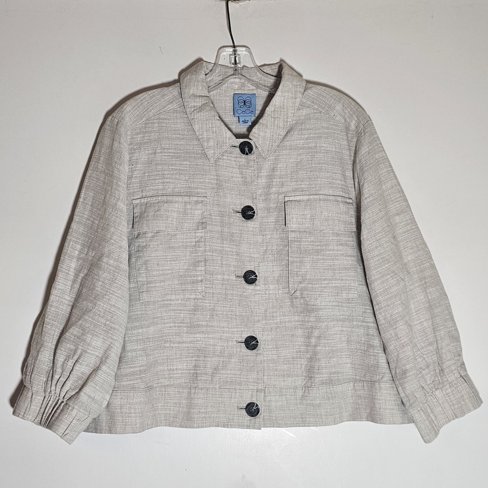 CeCe Jacket Womens Large Tan Linen Pockets Elastic Cuffs Relaxed Button Classic